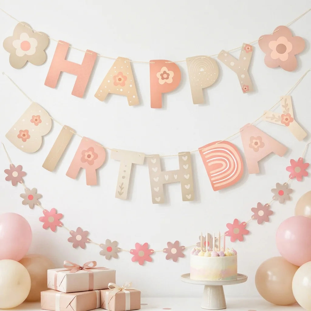 décoration murale guirlande fleurs lettres happy birthday motif floral occasion fête enfants anniversaire baptême