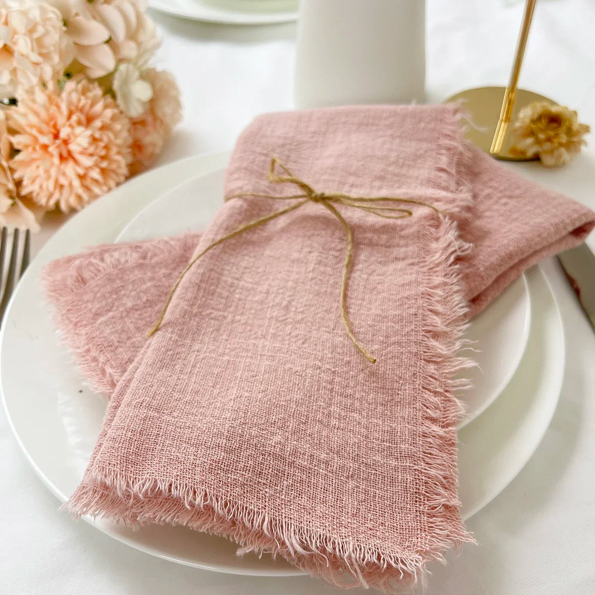 lot serviettes table coton rose franges ruban décorations mariage fête table rustique moderne
