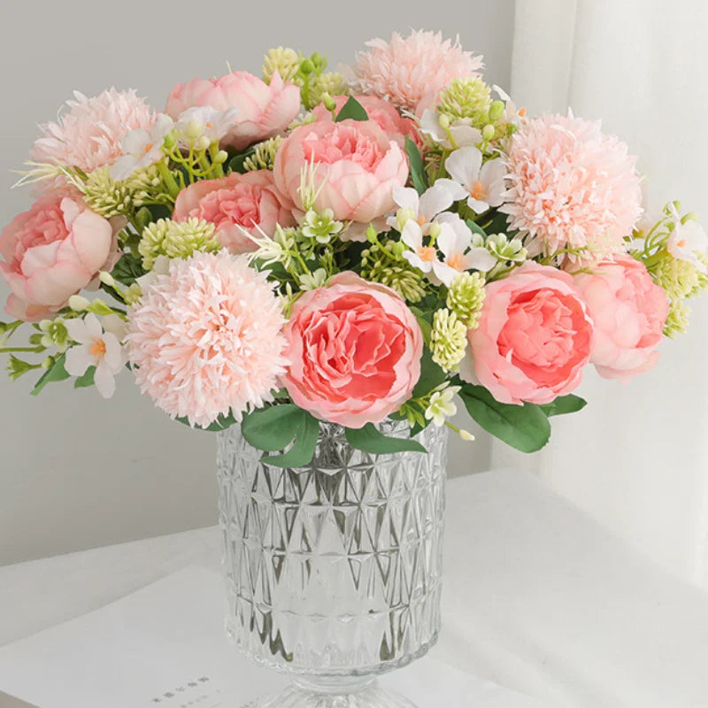 bouquet artificiel pivoine rose blanc moderne élégant mariage décoration intérieure festivité pré nuptiale faux