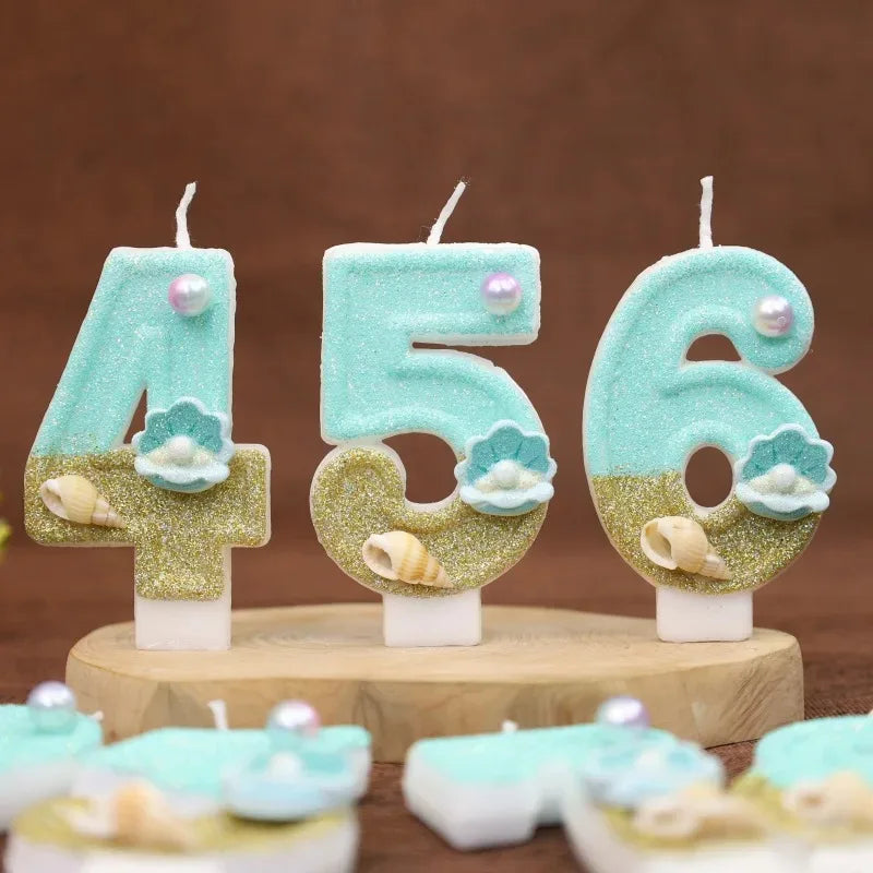 bougies numériques forme chiffres glitter thème marin anniversaire turquoise doré blanc coquillages clips