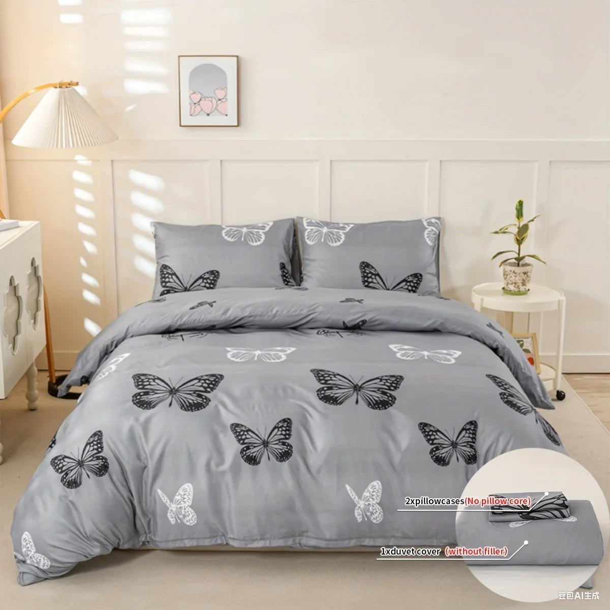 housse couette papillons noirs blancs moderne gris clair taies oreiller ensemble literie polyester
