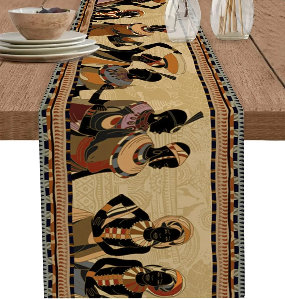 tableau lin géométrique ethnique beige noir orange bleu vert marron