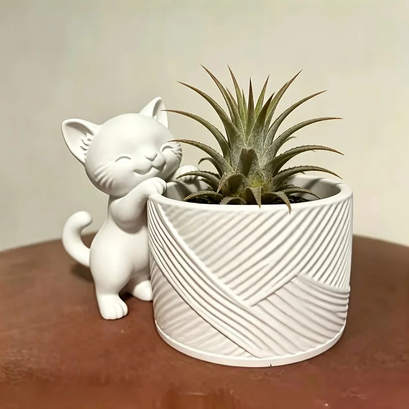 cache pot moderne blanc rayures diagonales figurine chat succulente plante aérienne décoration intérieure ornement