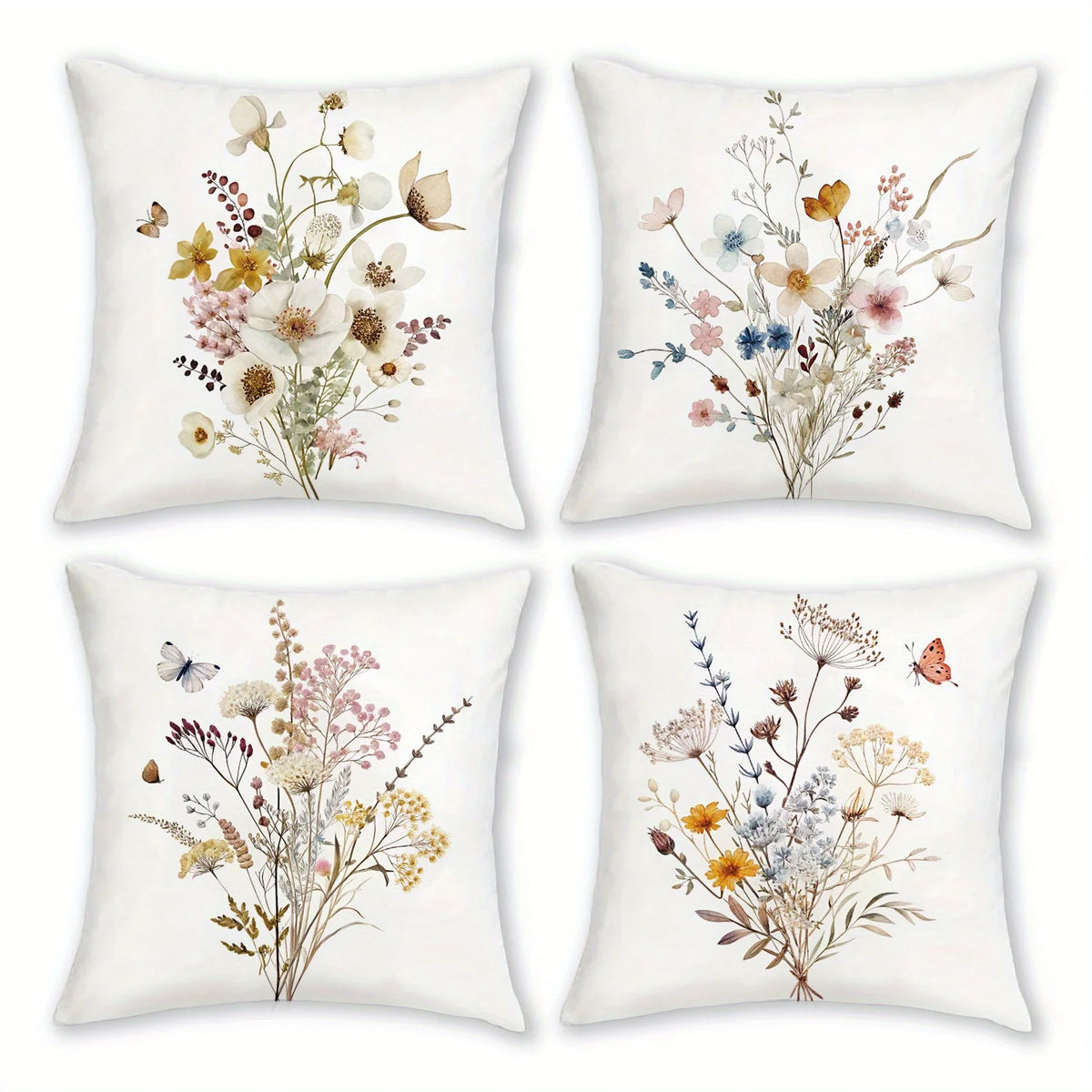 taies d'oreiller imprimées motif floral papillons moderne polyester blanc zip 40x40cm 45x45cm 50x50cm 60x60cm