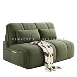 canapé lit velours vert olive moderne coussins couverture salon petit espace