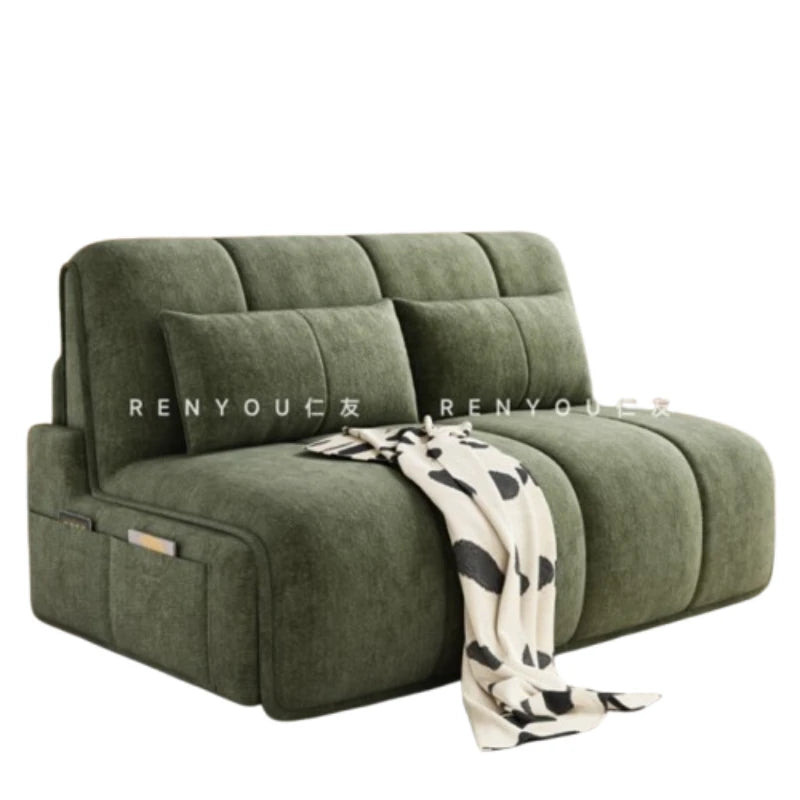 canapé lit velours vert olive moderne coussins couverture salon petit espace