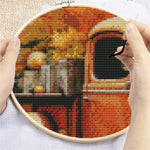 tableau brodé paysage automnal camion citrouilles feuilles d'érable 11CT 14CT toile coton broderie