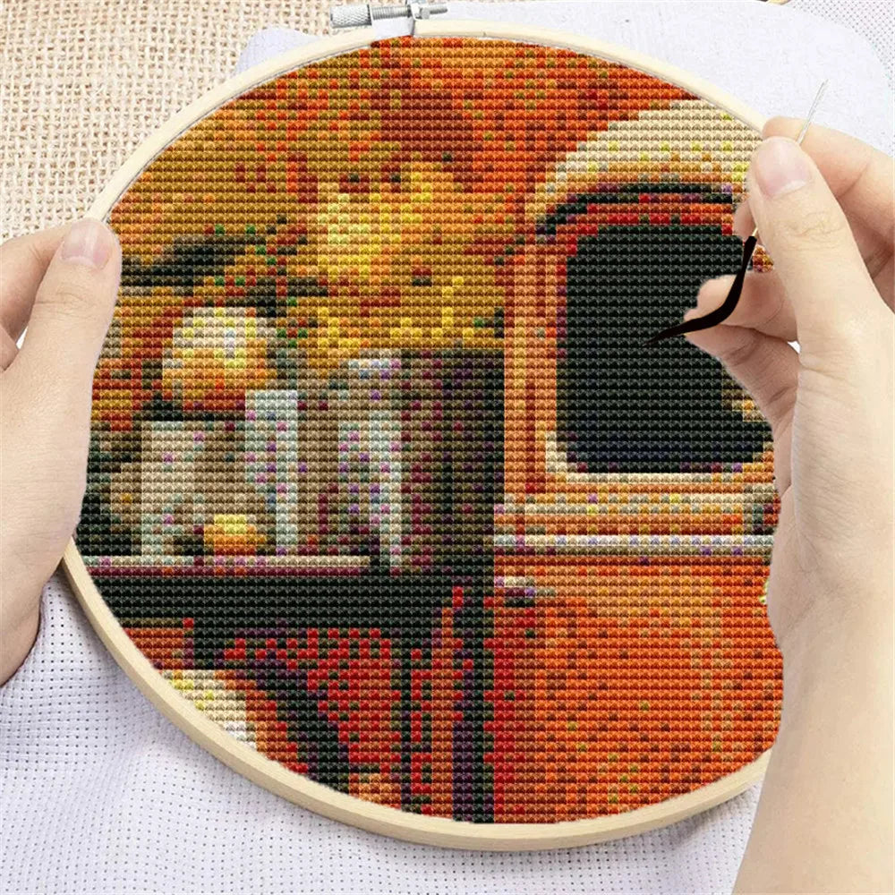 tableau brodé paysage automnal camion citrouilles feuilles d'érable 11CT 14CT toile coton broderie