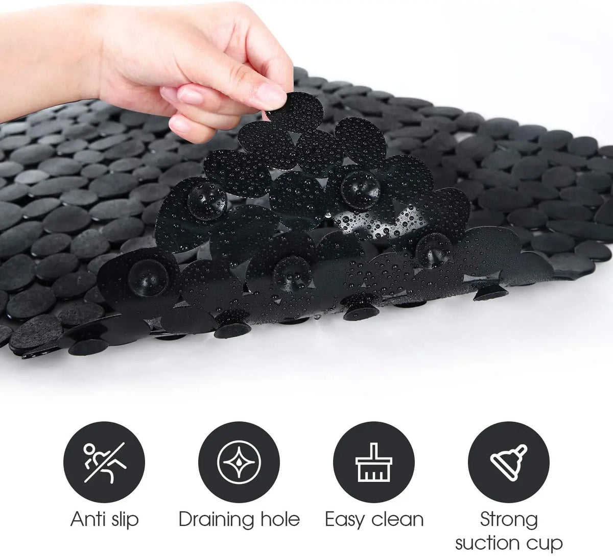 tapis douche antidérapant pebbles moderne noir blanc gris salle bain ventouses pvc respectueux environnement
