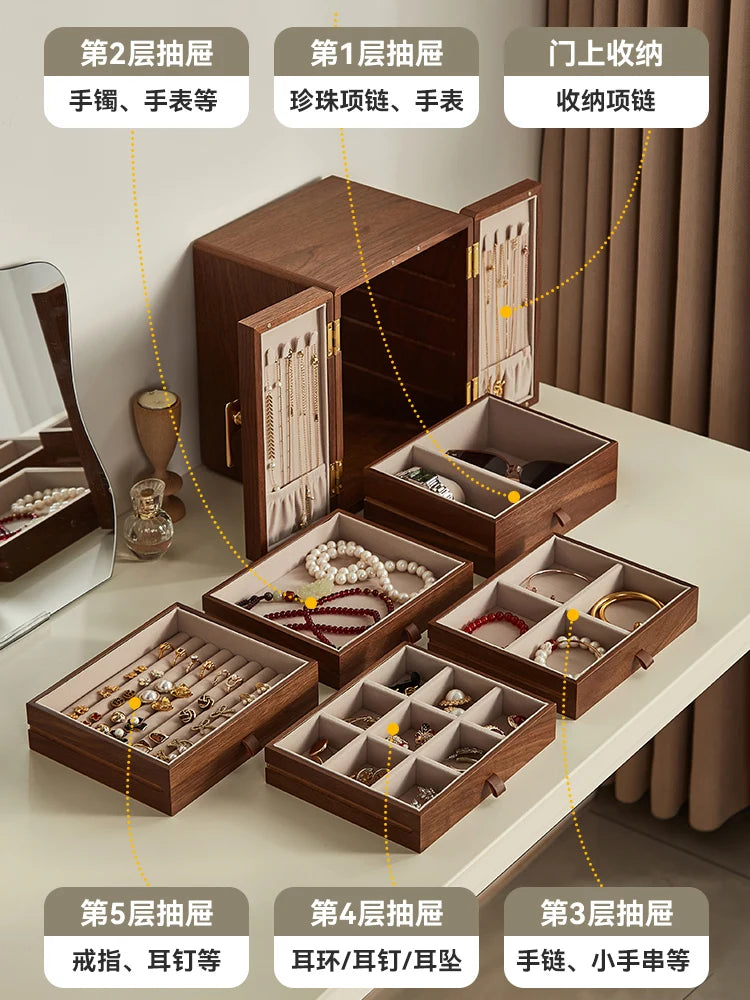 coffret bijoux bois marron tiroirs poignées dorées rangement moderne minimaliste