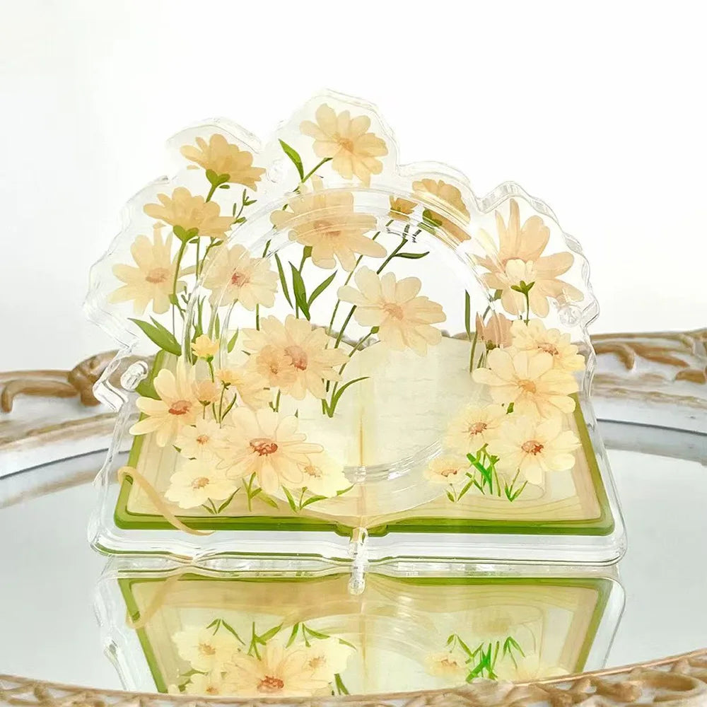 cadre photo acrylique transparent floral livres décoratifs pages blanches motifs fleurs artisanal violet bleu