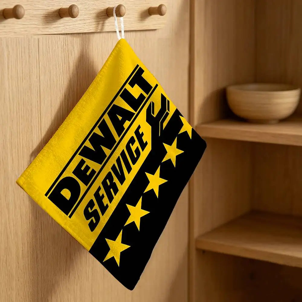 serviette cuisine jaune noir logo dewalt étoiles dorées séchage rapide pratique moderne