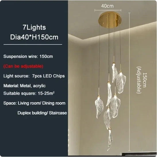 lustre suspension moderne escalier feuilles acrylique transparent doré luminaire luxe salon