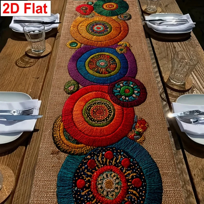 champagne bohème chemin table lin motifs circulaires multicolore festif ethnique