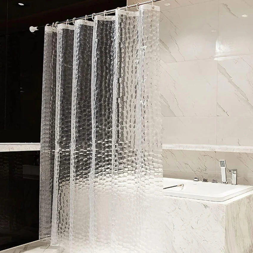 rideau douche transparent moderne water cube géométrique hexagones waterproof boutons renforcés