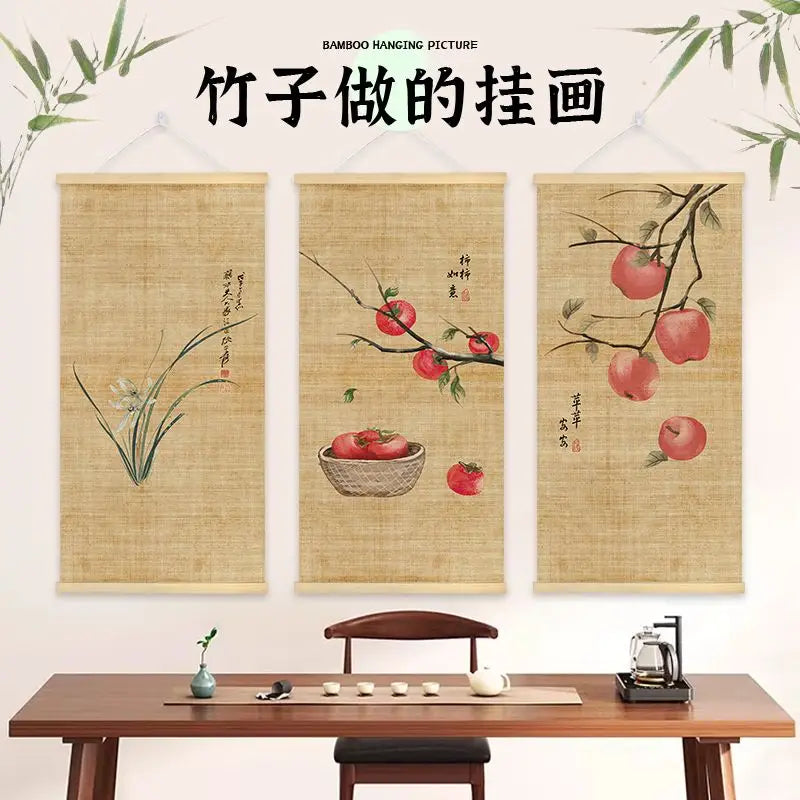 peinture suspendue chinois bambou fleurs insectes textes beige noir rouge vert