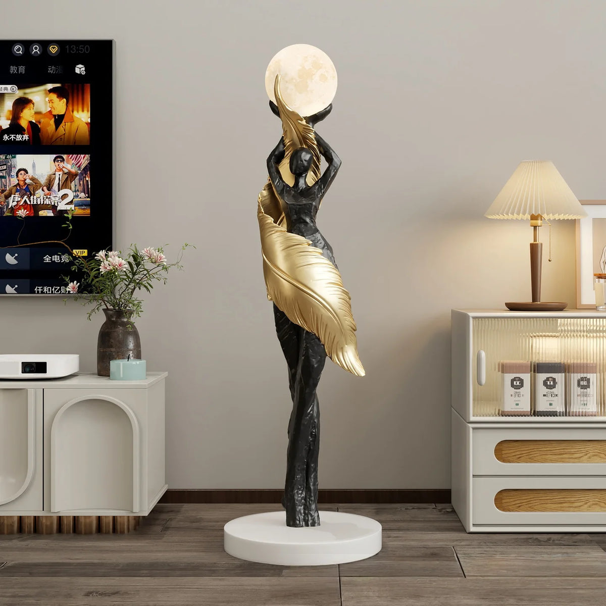 statue femme lune lampadaire moderne résine blanc noir bleu marron ondulé led minimaliste