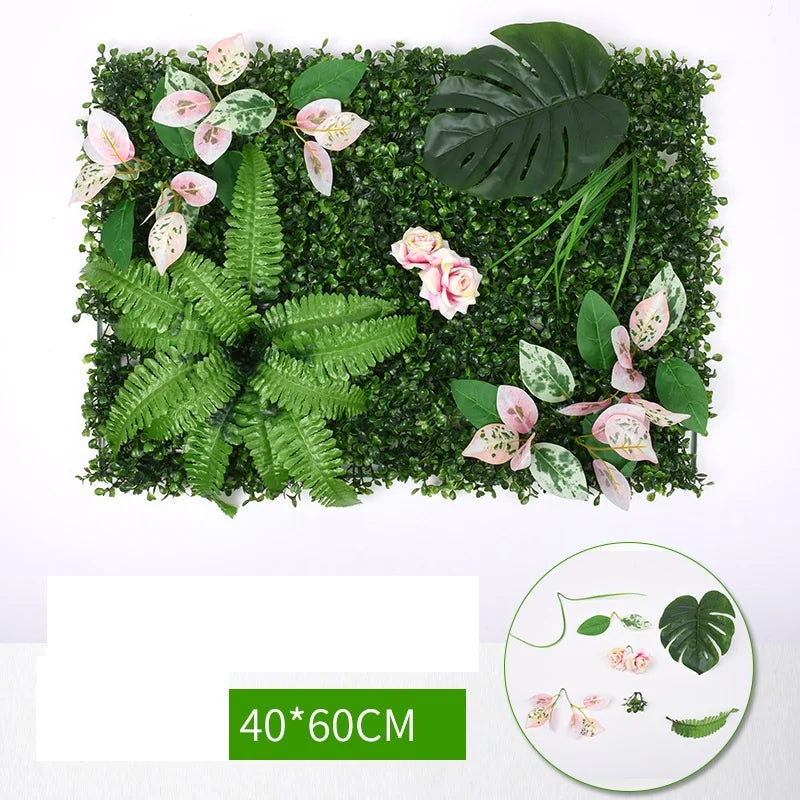 mur végétal artificiel feuilles vertes fleurs blanches moderne extérieur accroché clips inclusion