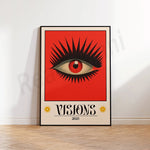 Affiche vintage de 2023 représentant un œil rouge et brillant entouré de pointes noires sur un fond rouge vif, évoquant des visions oniriques et mystérieuses.