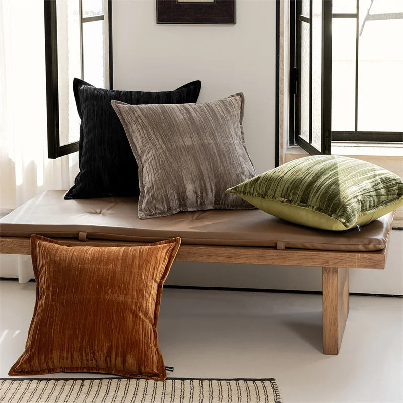 housse coussin carré velours rayé marron gris vert olive décorative canapé lit moderne