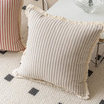 housse coussin rayures coton chanvre rustique beige rouge decoratif maison canape lit salon voiture