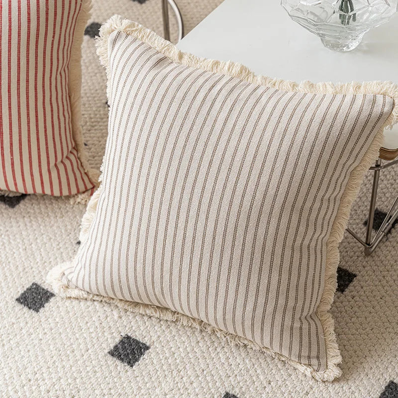 housse coussin rayures coton chanvre rustique beige rouge decoratif maison canape lit salon voiture