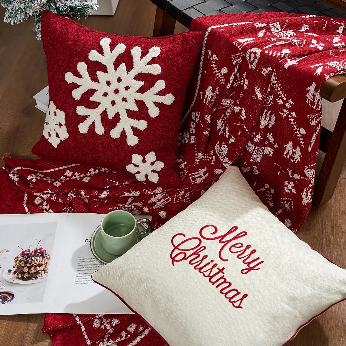 taies d'oreiller square rouge blanches flocons merry christmas coton polyester décoration lit sans rembourrage