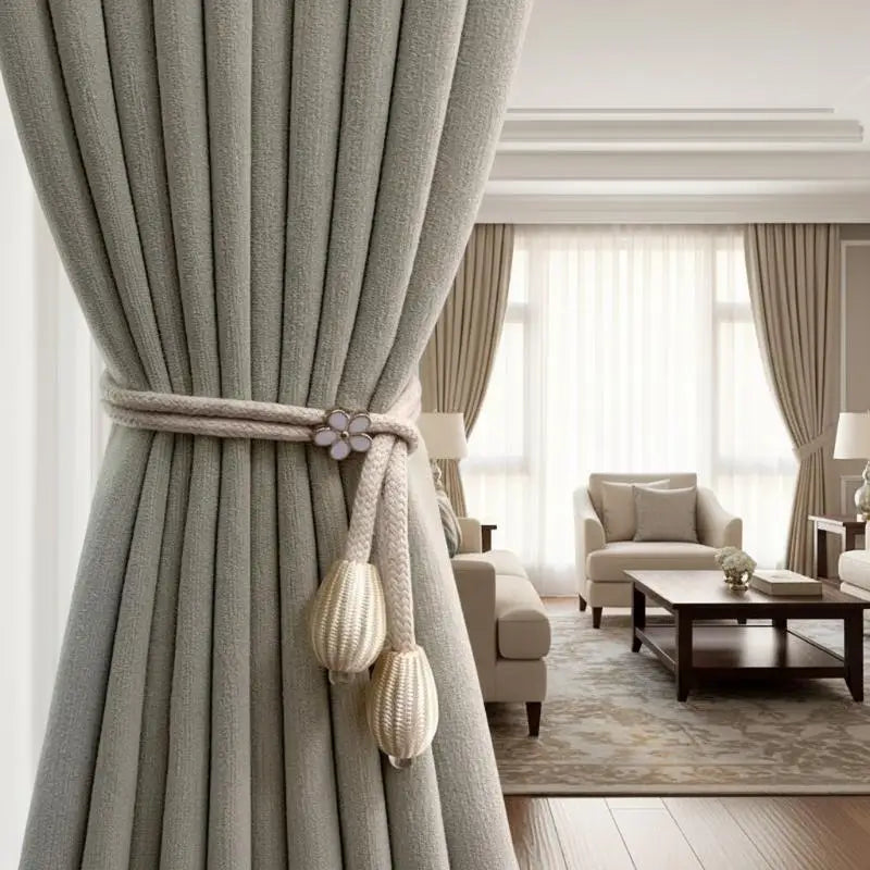 rideaux rubans tissés blanc gris élégants modernes boutons pompons sans perçage