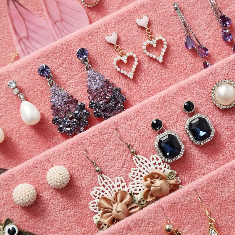 présentoir bijoux velours rose gris classique élégant boîte transparente couvercle boucles oreilles colliers bagues