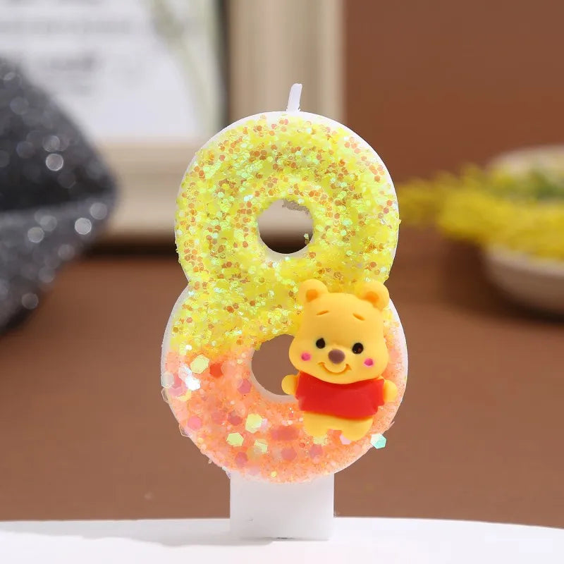 bougies anniversaire chiffre winnie ourson sequins dorés jaune orange blanc