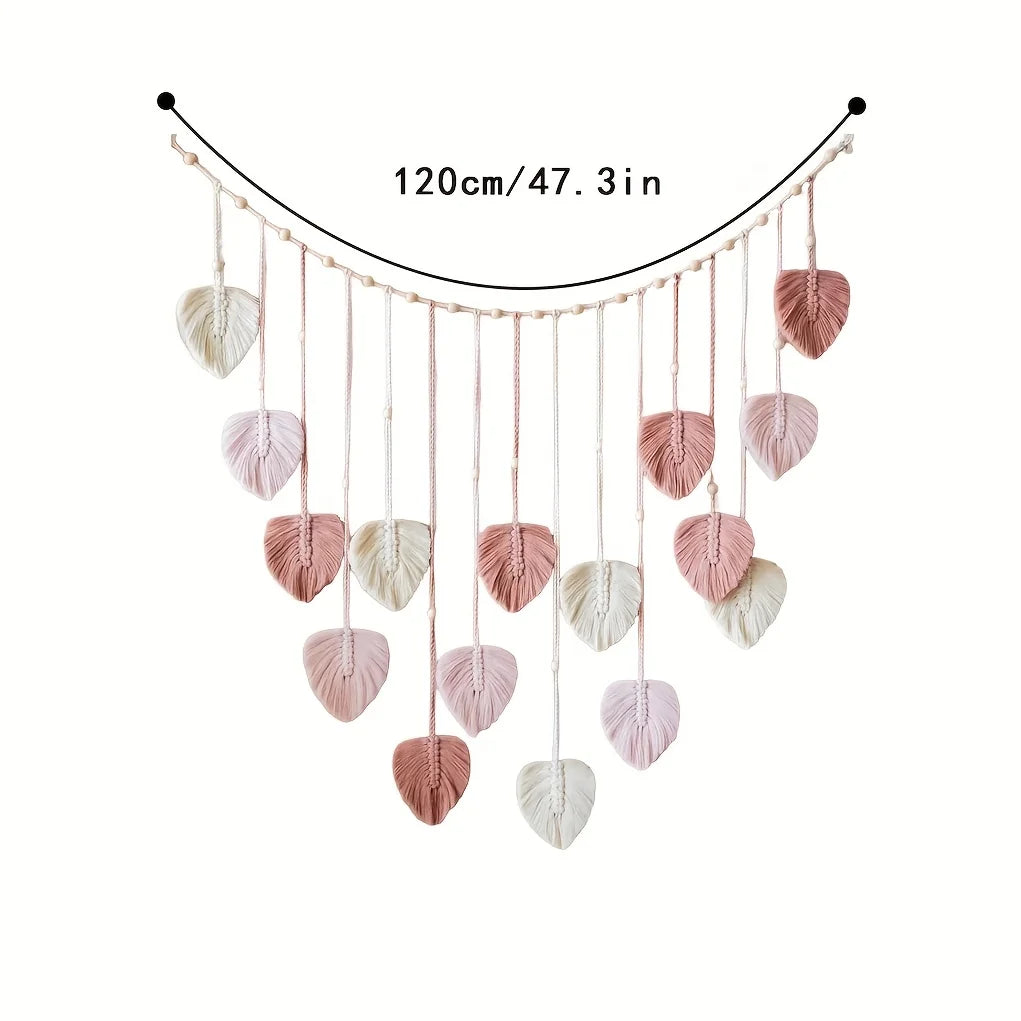 guirlande murale boho chic feuilles rose clair tissées artificielles crochets salon chambre