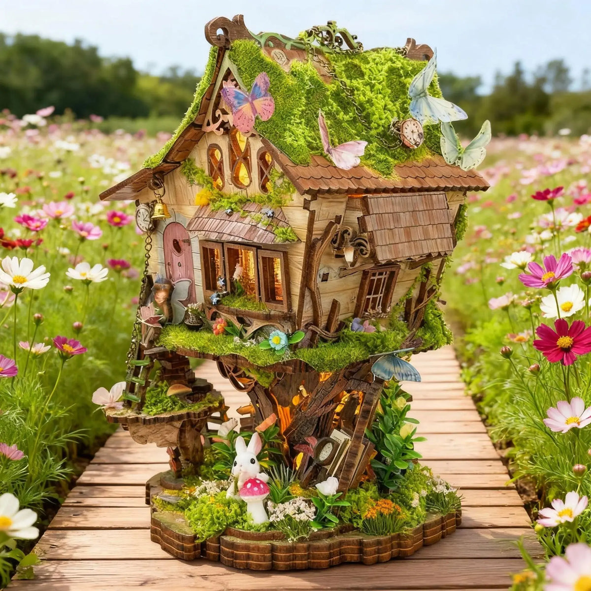 maisonnette décorative illuminée kit monter figurines elfe lapin éléments floraux conte fée