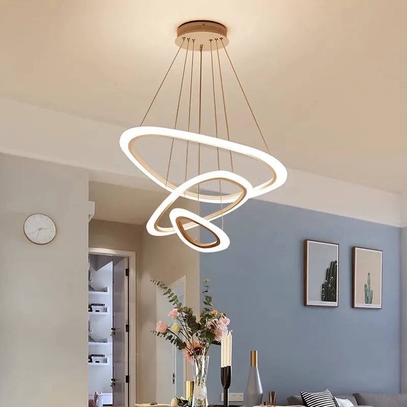 suspension lumineuse moderne trois cercles blanc doré vert foncé télécommande inclusion chambre salon