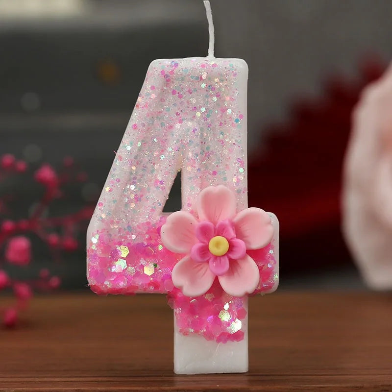 bougies numériques chiffrage blanc rose pailletées fleurs relief anniversaire décoration gâteau festif