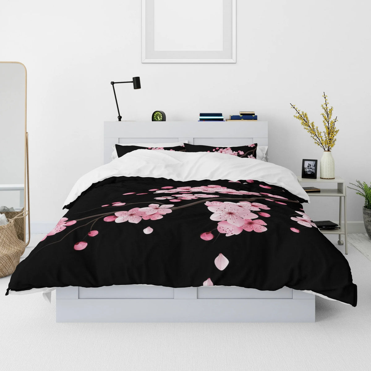 ensemble literie moderne housse couette noir rose clair taies d'oreiller fleurs cerisier satinées queen
