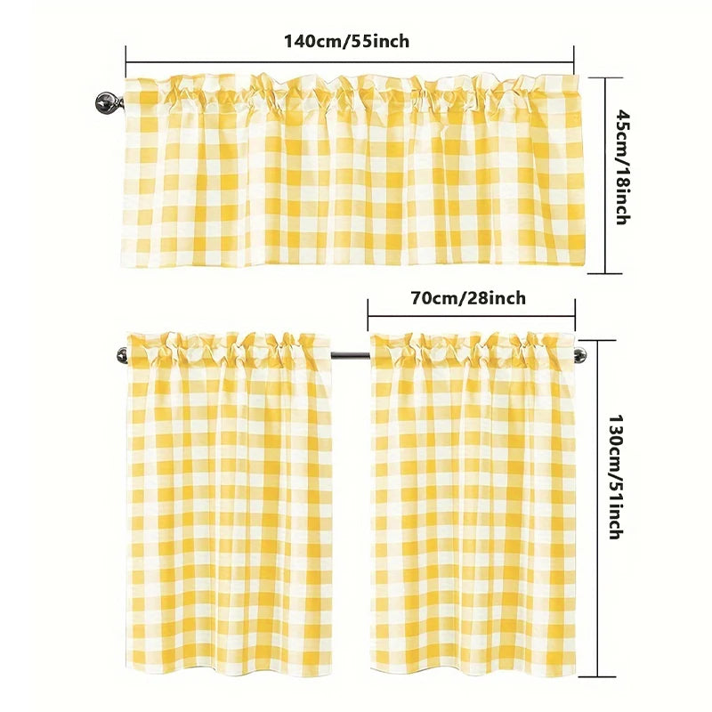 rideau jaune carreaux opacité classique anneaux métalliques fenêtre cuisine moderne polyester