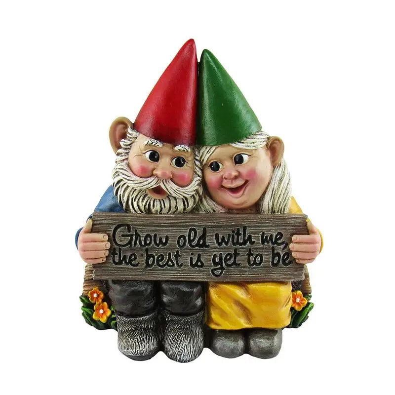 statue gnomes jardin rouge vert bleu plaque gravée romantique décoration noëlextérieur fantaisiste