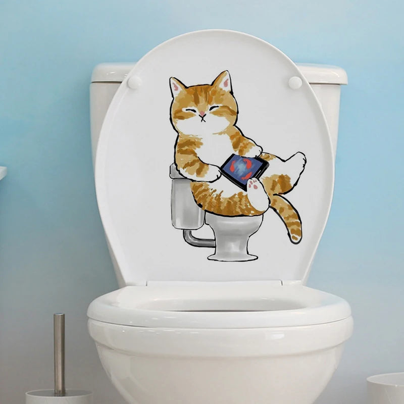 sticker mural chat cartoon adhésif toilette smartphone orange blanc beige gris