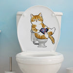 sticker mural chat cartoon adhésif toilette smartphone orange blanc beige gris