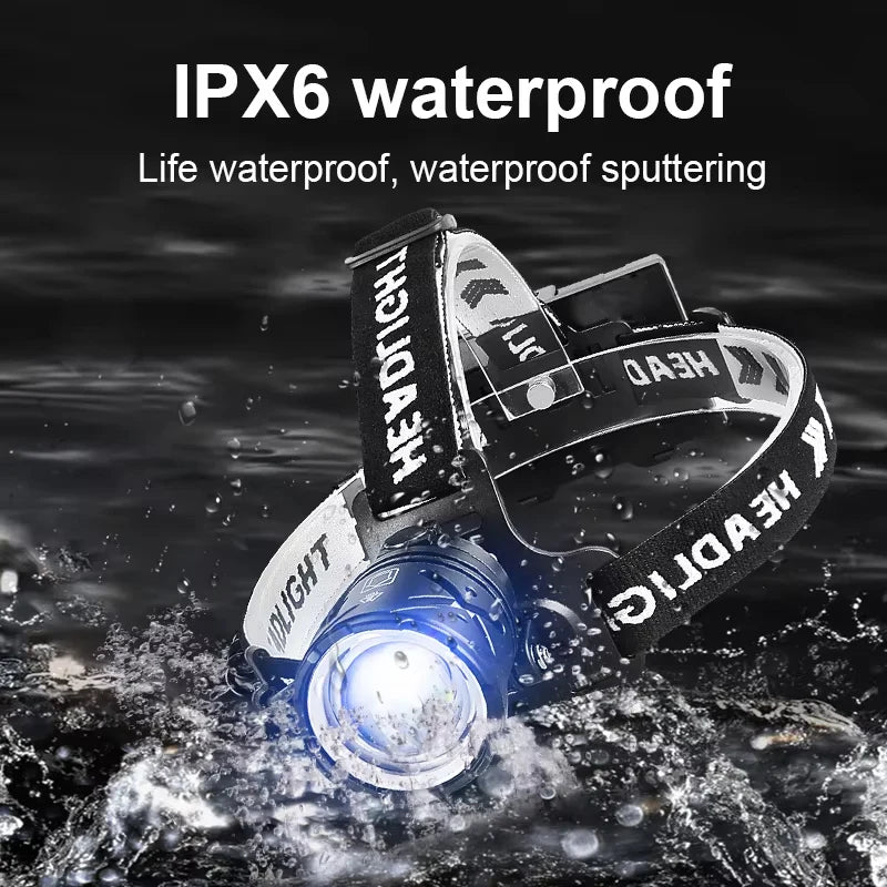 lampe frontale led noire rechargeable zoomable cordon rayures blancs moderne camping pêche