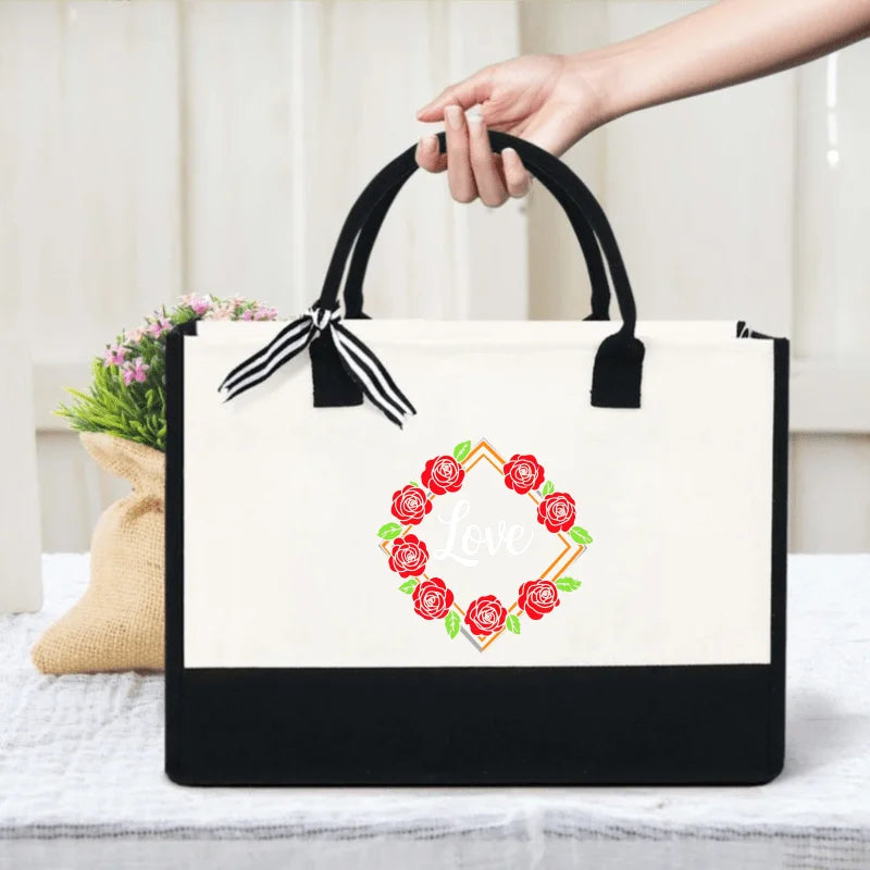 Sac main toile roses love moderne beige noir poignées élégant réutilisable respectueux environnement