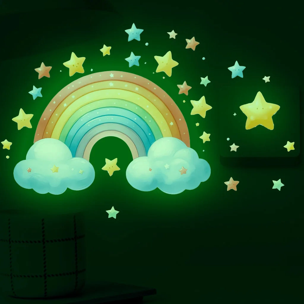 sticker mural lumineux arc ciel nuages étoiles enfants dessin animé adhésif chambre bébé décoration