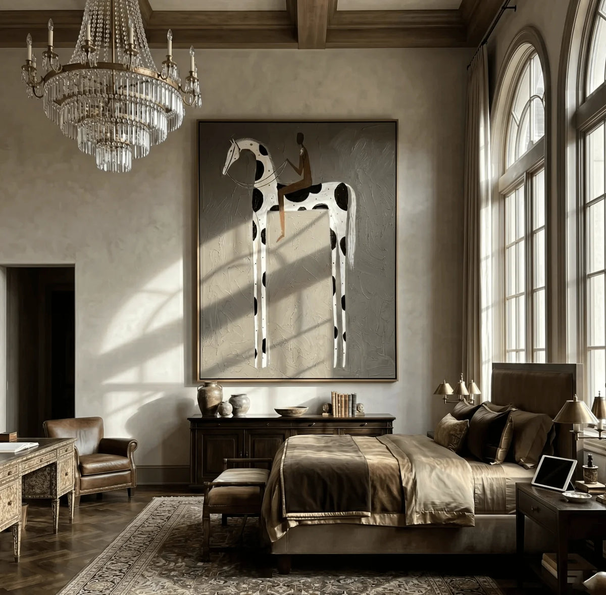 tableau cheval abstrait moderne cadre doré toile décorative salon chambre mur blanc noir