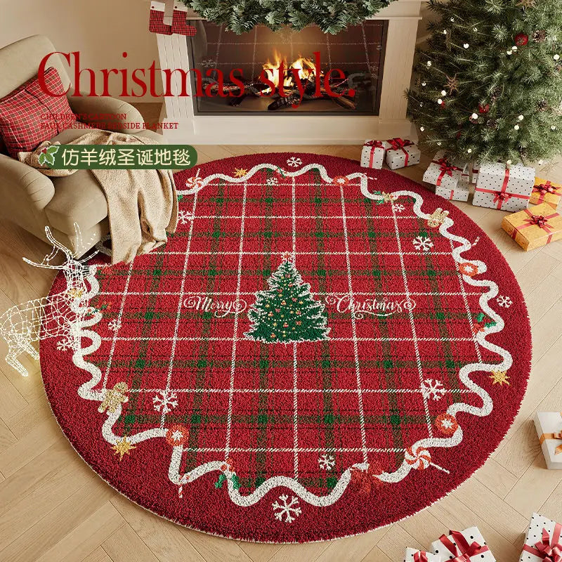 tapis circulaire noël rouge vert blanc carreaux flocons arbre bordure décorative résistant antidérapant polyester