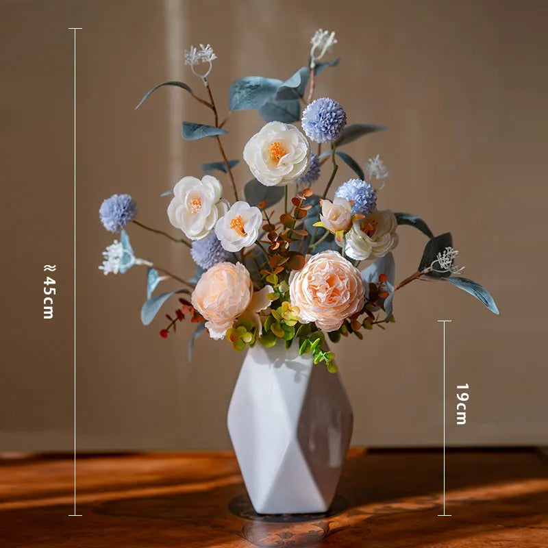 bouquet fleurs artificielles vase bleu foncé blanc crème modernes décoration intérieure mariage anniversaire