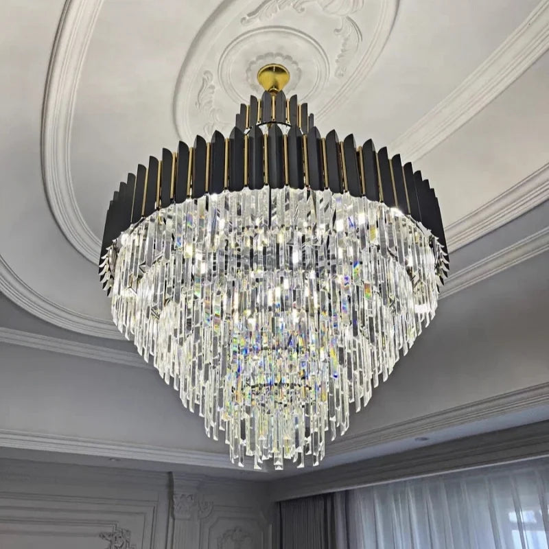 lustre led moderne élégant cristal noir doré transparent salon restaurant