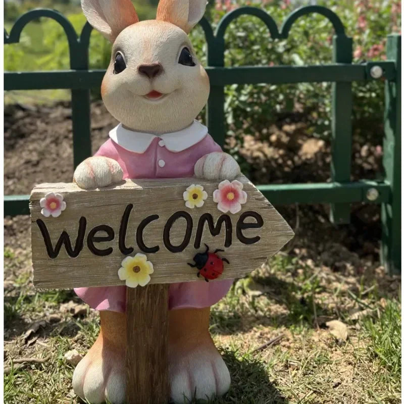 décoration extérieure figurine lapin bienvenue panneau fleurs coccinelle champêtre charmant résine