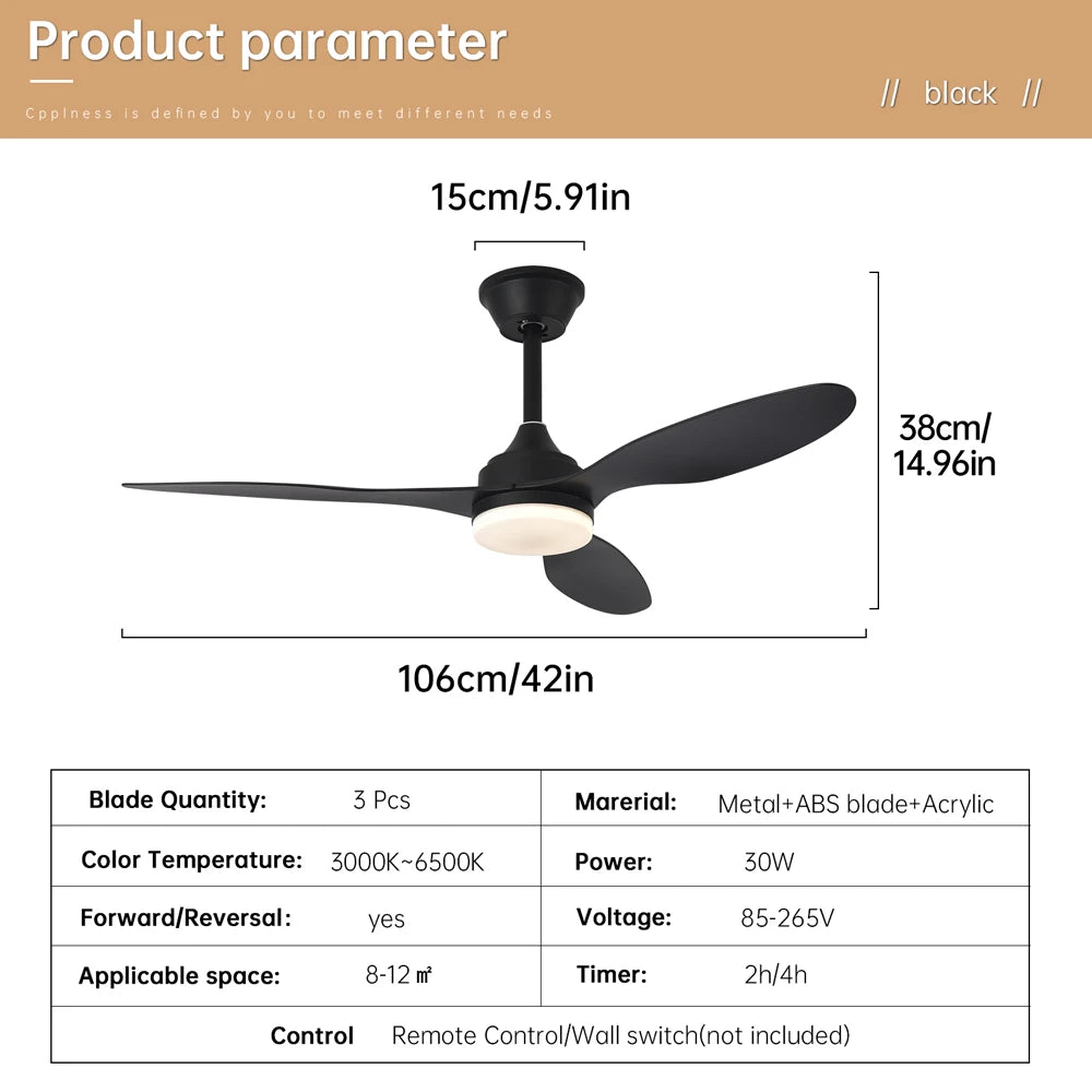 ventilateur moderne 42 inch blanc noir bois lampe intétrieure télécommande fixations ølets led