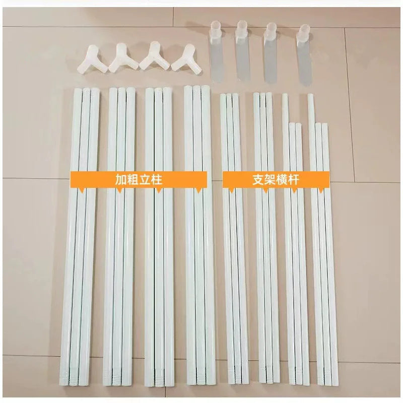 Ensemble de tiges et de supports blancs alignés sur un fond clair, munis d'étiquettes en orange indiquant "Ajout de support" et "Support de support".