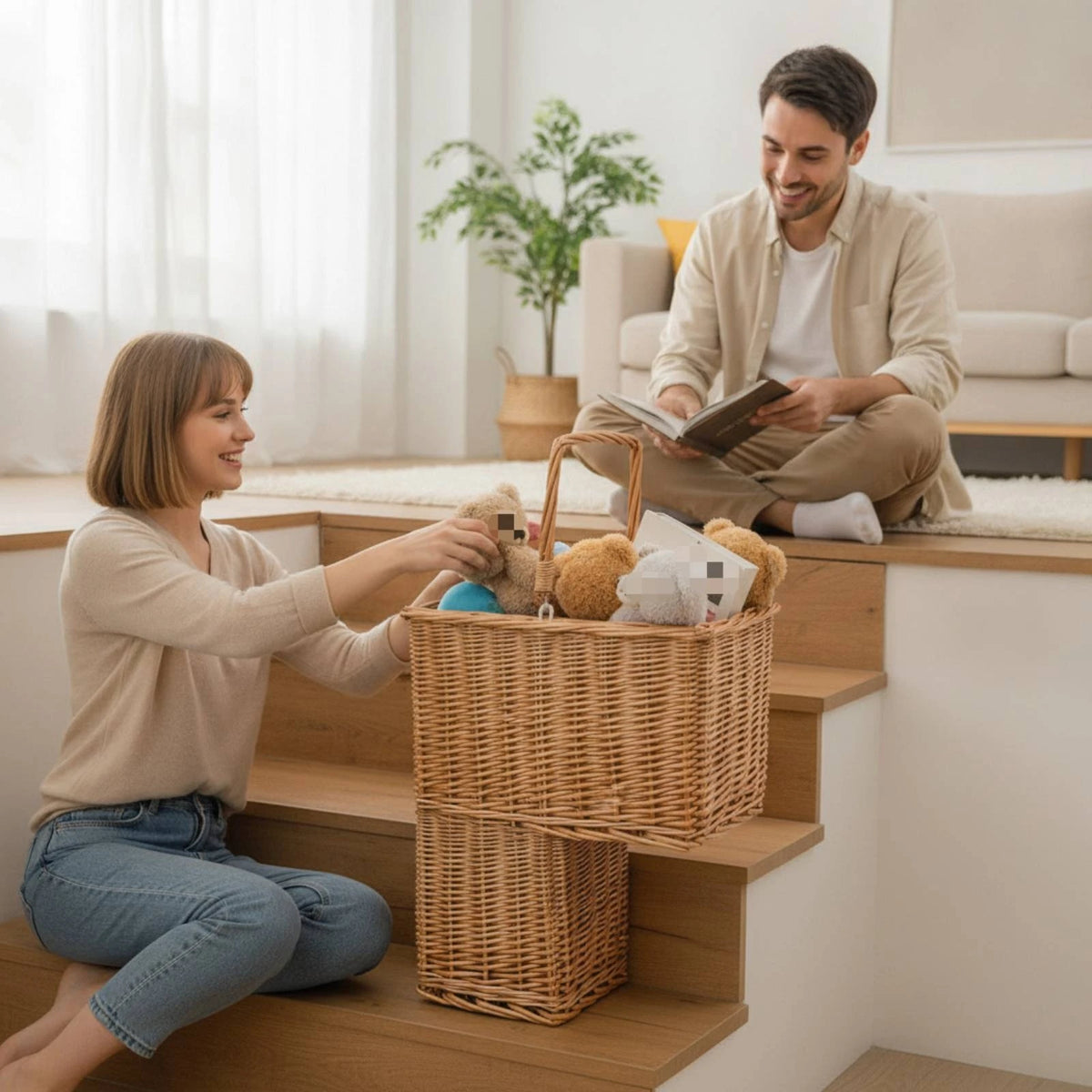 panier double compartiment osier tressé rustique rangement jouets livres escalier